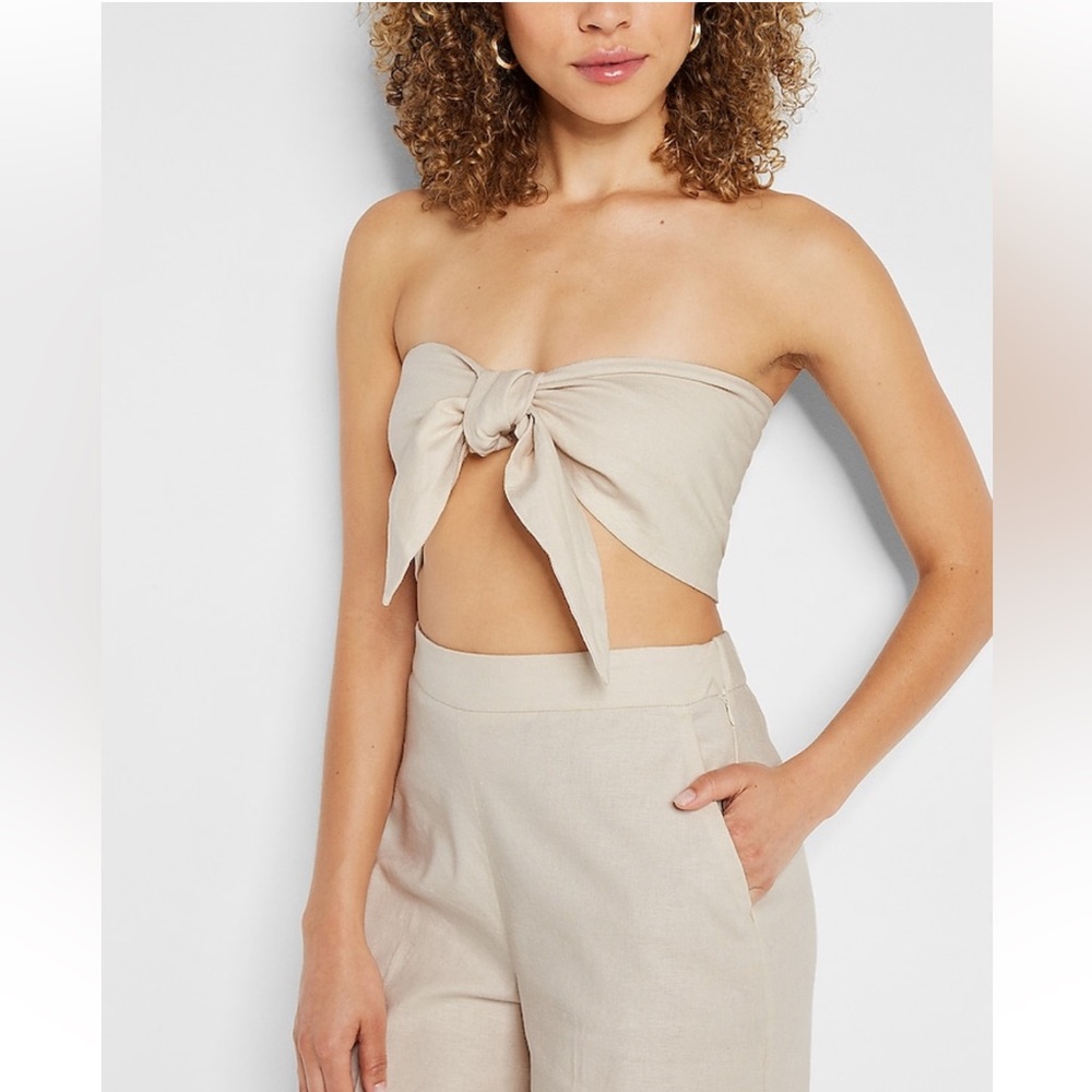 Express linen blend tie front bandeau top in sand color